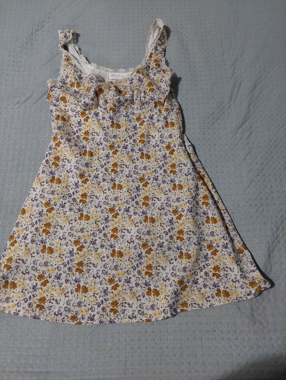 All in Favor Beige  Dress with Mustard & Lavender Floral Trim